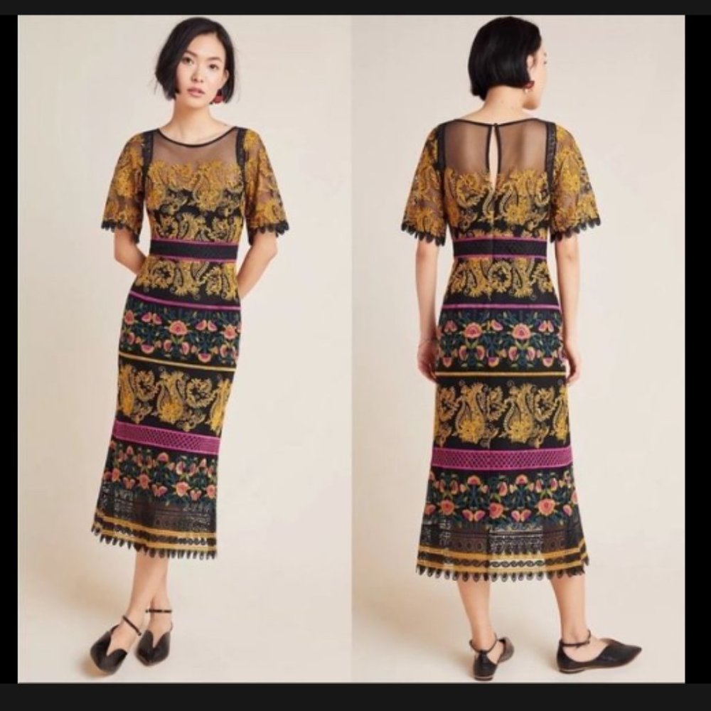 Anthropologie Jacquin Embroidered Floral and Paisley Midi Dress, Size 4